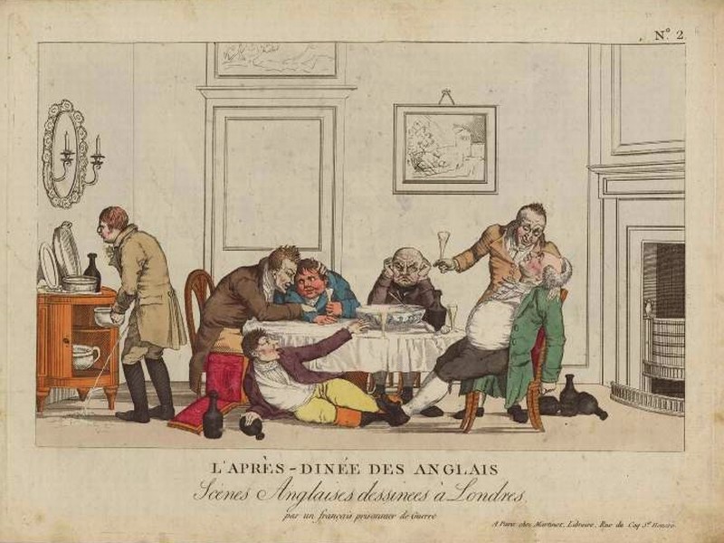 caricature of men peeing in the chamber pot in the middle of the room